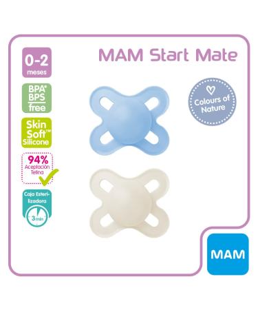 Mam Schnuller Start S298 Colors of Nature | Matte Silicone Pacifier for Infants 0-2 Months | Blue | 2 Pack with Self-Sterilizing Case - Buy Online on GoSupps.com