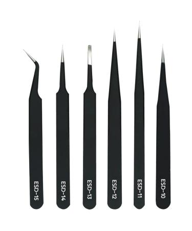 Precision Tweezer Set of 6, TECKMAN Anti-static ESD Stainless Steel Tweezers Tool Kit of with Curved,Pointed,Round Flat Tweezers for Men and Women,Eyebrow,Craft, Jewelry, Soldering & Laboratory Work ESD10-15-6PC