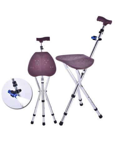 Walking Stick Chair Walking Cane with Seat Height Adjustable Crutch 3 Legs with Led Light Balancing Mobility Aid for Disability Elderly Anti-Slip Portable Elegant