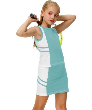 AOBUTE Girls Tennis Golf Outfit Set | Tank Top and Skirt with Shorts | 6-7 Years | Light Green - Buy Online on GoSupps.com