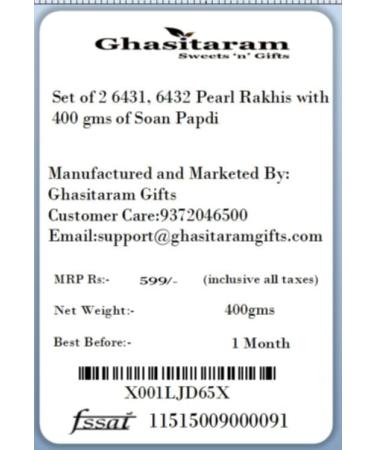 Ghasitaram Gifts Rakhi for Brother Rakhis Online - Set of 2 6431 6432 Pearl Rakhis with 400 GMS of Soan Papdi - Buy Online on GoSupps.com