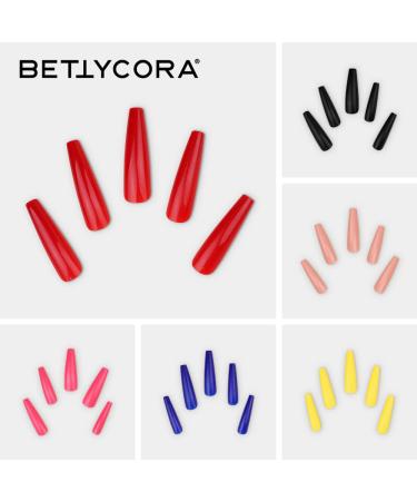 BettyCora Extra Long XXXL Coffin Press On Nails Kit - Rose Red | Fake Nails with Glue & Adhesive Tabs | Acrylic False Nail Tips Set - 12 Sizes - Buy Online on GoSupps.com
