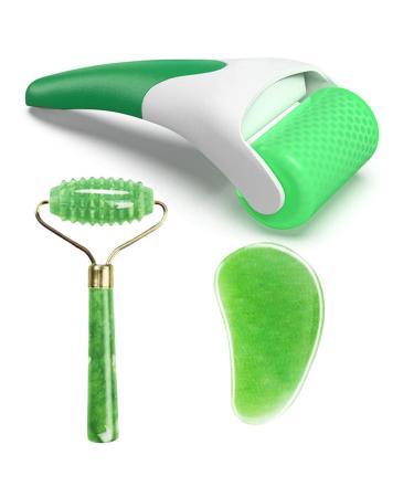 FA FIGHTART 4 in 1 Jade Gua Sha Set Ice Roller Face Rollers Freezer Frozen Cooling Face Massager Massage Tool Green
