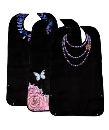 Adult Bibs for Eating, Black Washable Reusable Clothing Protector, Waterproof Backing for Women with Crumb Catcher (3 Pcs)
