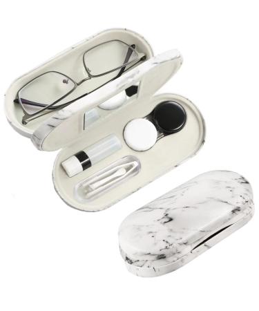 Contact lens case contact case kit 2 in 1 double-sided portable contact lens case and glasses case with marbling durable compact portable storage set white