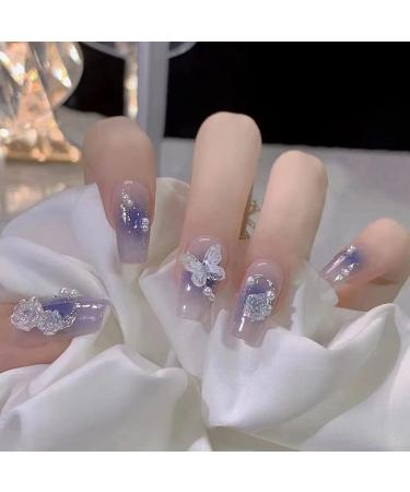 French Press on Nails Long Coffin Glue on Nails Butterfly Flower Rhinestone Fake Nails with White Pearls Design Exquisite Full Cover Acrylic Nails for Women Manicure Tip  24 Pcs