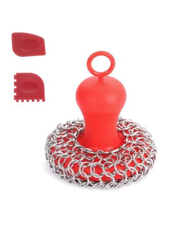 Mootlry Cast Iron Chainmail Scrubber + Pan Stainless Steel Skillet Cleaner Scraper Tool for Cast Iron Pans Durable Easy to Use Red
