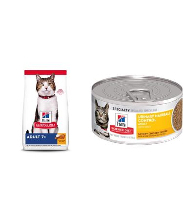 Hill's Science Diet Senior 7+ Dry Cat Food (Chicken Recipe 16 lb Bag) + Adult Urinary & Hairball Control Wet Cat Food (Savory Chicken Entr e 5.5 oz 24 Pack) 7.25 kg (Pack of 1) Cat Food + Cat Food 5.5 oz