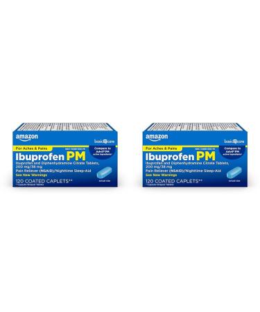 Amazon Basic Care Ibuprofen PM Ibuprofen 200 mg and Diphenhydramine Citrate 38 mg Tablets Pain Reliever and Nighttime Sleep-Aid 120 Count (Pack of 2)
