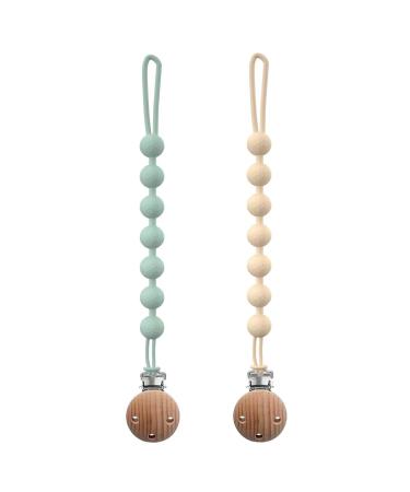 MumEZ Dummy Clip - 2 PCS Premium Silicone Smoother Chains - Dummy Clip Boys Girls - BPA Free One-Piece Design Pacifier Clips (Apricot+Sage)