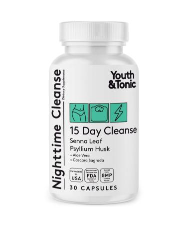 Youth & Tonic Overnight Intestinal Cleanse Supplement - Natural Constipation Relief for Men & Women with Senna Leaf Psyllium Husk Cascara Sagrada & Fibre - 30 Capsules. Can Be Strong for Some People