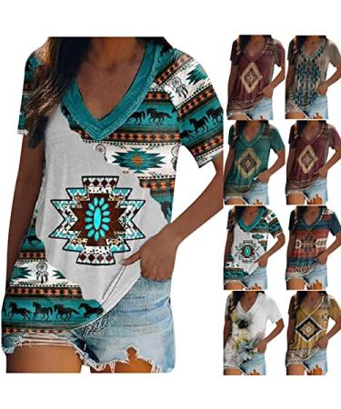 Ganfancp Womens Short Sleeve Shirt Vintage Ethnic Style Print Breathable Tee Top Summer V Neck Short Sleeve Loose Blouse Green-27 Large