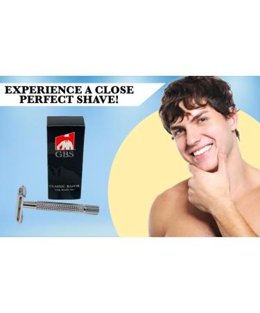 G.B.S Long Handle Classic Double Edge Safety Razor | Butterfly Open Design & 10 Stainless Steel Blades | Ultimate Clean Shave for Men - Buy Online on GoSupps.com
