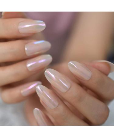 Shop Hujl Holographic Artificial Nails - Transparent Oval Medium Chrome-Plated Fake Nails | Colorful Manicure | 24 Pcs - Buy Online on GoSupps.com