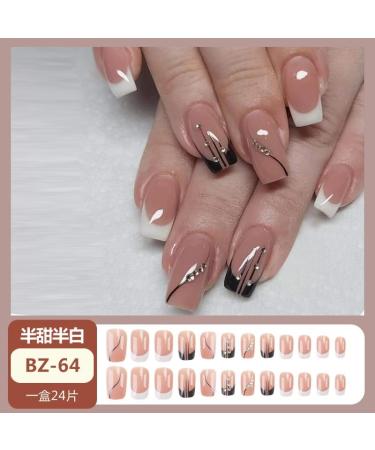 French Press on Nails - Mid length Square Press On Nails with Nail Tips Black and white edges Glitter Rhinestones Design Coral color Glossy press on nails Acrylic False Nails Cute Artificial Nails - Buy Online on GoSupps.com