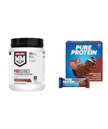 Muscle Milk Pro Series Protein Powder Knockout Chocolate 2lb 11 Servings 50g Protein & Pure Protein Bars Chocolate Deluxe 12 Count 1.76oz 21g Protein
