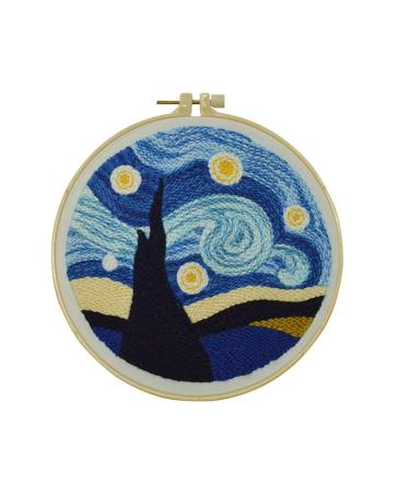 Punch Needle Kit Rug Set Embroidery Kits for Beginner Starter Kits with Stamped Color Pattern Instruction Yarn Adjustable Pen Hoop for Rug Hooking DIY Tools Set(Van Gogh Starry Sky)