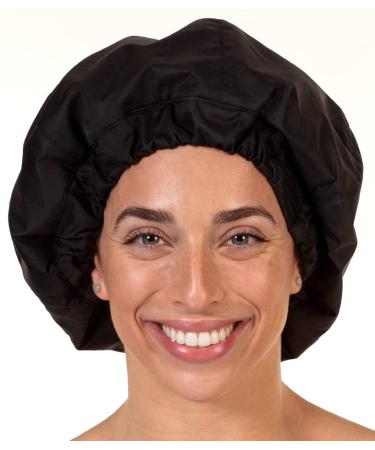 Premium Shower Cap for Women with Long Hair. Reusable  100% Waterproof  Double-Sided  Great For Curls with Anti-Frizz Fabric terry-lined. Black shower caps for women