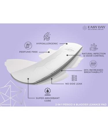 EASYDAY Overnight Heavy Flow Pads with Wings | 2-in-1 Period & Light Bladder Leakage Protection | Sensitive Skin Friendly | Unscented & Breathable | Ultra Thin & Innovative Leak Guard | Individually Wrapped (12 Pack) - Buy Online on GoSupps.com