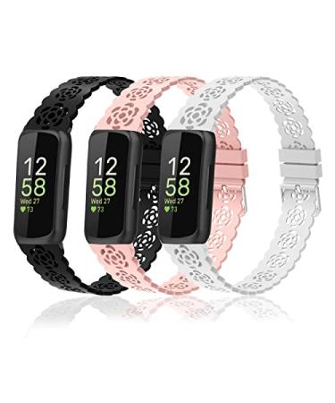 Nigaee 3 Pack Elastic Nylon Bands & Lace Silicone Bands Compatible with Fitbit Inspire 3/Inspire 2/Inspire HR/Inspire Adjustable Breathable Replacement Straps Soft Nylon Loop & Slim Silicone Wristbands for Women Men Black/White/Baby Pink