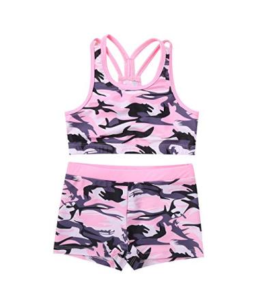 Moily Girls Gymnastics/Dance/Sports Two Piece Outfit Racer Back Crop Top with Booty Shorts Swimwear Camouflage Pink 7-8