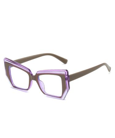 SERONI Tr90 Polygon Frame Blue Light Blocking Glasses for Women Men Anti UV Ray Computer Reading Glasses for Women Men Purple-coffee 50 Millimeters