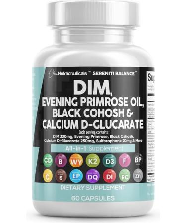 Clean Nutraceuticals DIM Evening Primrose Black Cohosh Calcium D-Glucarate Sulforaphane Flax Seed Extract - Hormonal Support Vitamins for Women with Dong Quai - 60 Caps 60 Count (Pack of 1)