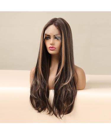 Shop Vebonny Balayage Brown Wig with Blonde Highlights - 22 Inch Lace Front Synthetic Hair Wig #097-A - International Shipping Available - Buy Online on GoSupps.com