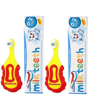 2 x Wisdom Step-by-Step Baby Toothbrush 0-2 Years and 2 x Aquafresh Milk Teeth Babies Toothpaste 50ml Set Supersoft Brush Extra Small Head Gentle Brushing & Cleaning