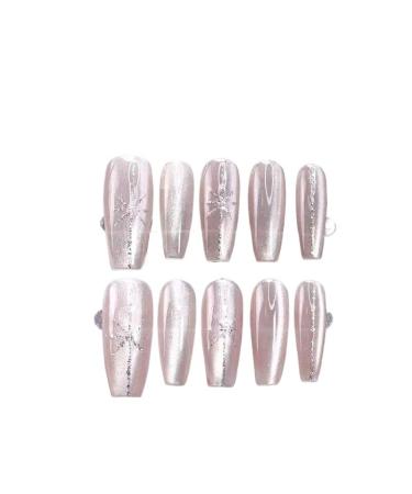 Temperament manicure pure hand-worn three-dimensional relief pattern nude silver star white long.(M)