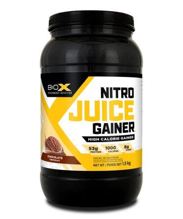BioX Nitro Juice Gainer | High Protein Weight Gaining Formula | 1000 Calories 53g Protein with Fast & Slow Release Protein Blend 3g Creatine Monohydrate 2g Glutamine 11g BCAAs (1.5KG Chocolate) Chocolate 1.5 kg (Pack of 1)