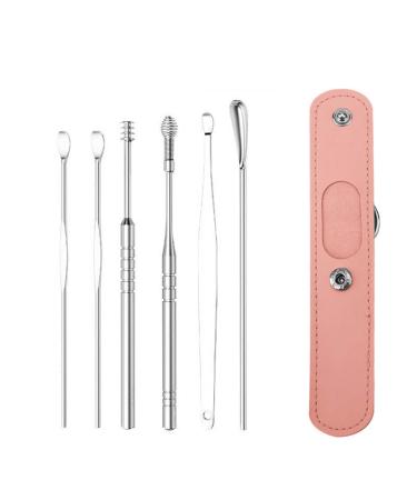 The Most Professional Ear Cleaning Master in 2023 - Ear Cleaner Tool Set Earwax Cleaning Tool 6-Piece Set with PU Leather Spiral Design Stainless Steel Earwax Removal Kit (Pink)
