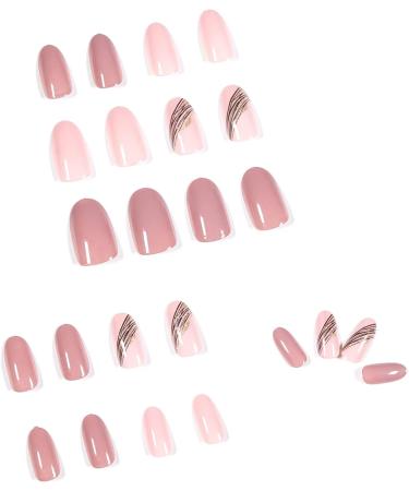 24pcs Short Almond Pink Glitter Gold Stick-on False Nails | Removable Press-on Fake Nails for Women & Girls | Acrylic Full Cover Nail Art Set - Buy Online on GoSupps.com