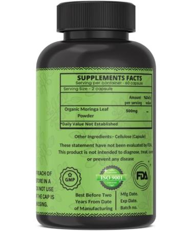 Organic Moringa Capsules - Superfood Supplement for Energy Metabolism & Immune Support (120 Count) - International Shipping Available - Buy Online on GoSupps.com