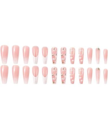 Press on Nails Long Ballet False Nail Pink and Silvery Shining Love Heart Diamonds False Nails Press on Nails Designs Acrylic Nails Press on Artificial Nails Stick on Nails For Women Girls 24Pcs - Buy Online on GoSupps.com