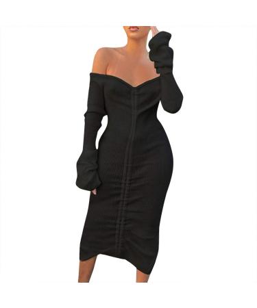 Off Shoulder Wrap Dress for Women Solid Color Knitted Slim Dress Shirring Lace Ups Ruched Long Sleeve Dress Small Black