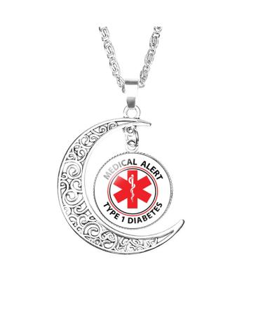 KBNSUIAN Stylish Type 1 2 Diabetic Sun Moon Necklace for Women Girl Medical Alert Diabetes Awareness Pendant Patient Emergency Reminder Jewelry for Safety with Aid Bag Type 1 Diabetic Insulin-Dependent
