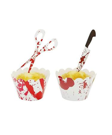 Dzrige 24 Pieces Halloween Cupcake Toppers Wrappers Horror Cake Decoration Scary Bloody Knife Scissors Food Decor Party Suppliers for Halloween Theme Party Ghost Party Birthday Party