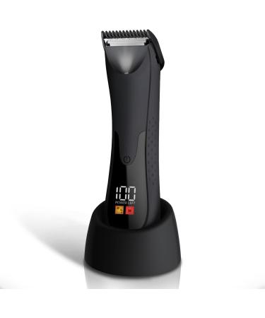 Groin Hair Trimmer - Electric Manscape Trimmer for Men Waterproof Ball Trimmer for Pubic/Body/Groin Grooming with Ceramic Blade LED Light Charging Base Black