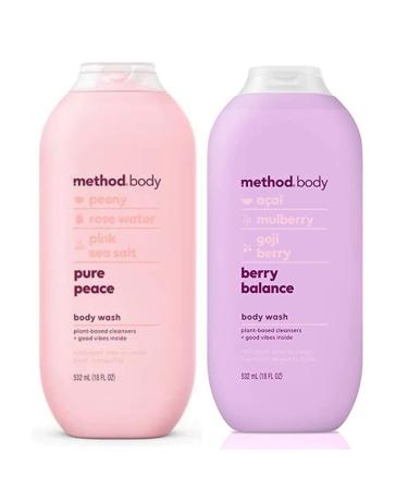 Method Body Wash - Pure Peace & Berry Balance Scents - Variety Pack (each 18 Fl Oz 532 Ml) 2