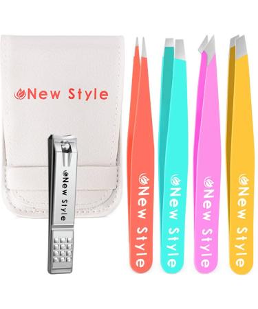 New Style Professional Stainless Steel Tweezers Set Multicolored Combo Pack with Bonus Nail Clipper and Travel Case