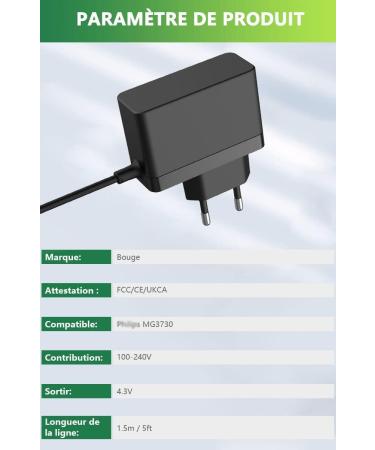Bouge 4.3 V Chargeur Tondeuse Electrique pour Philips MG3730 Cable Rasoit pour MG3720/15 MG3730/15 MG3740/15 Tondeuse Cheveux Barbe Nez-Oreilles Cordon Alimentation - Buy Online on GoSupps.com