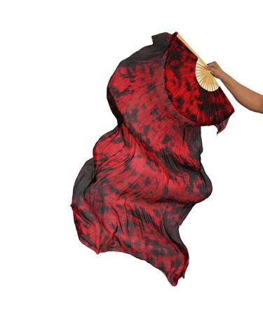 Women 1 Pair Silk Fans For Dancing Hand-made Tie Dyed Belly Dance Fan Veils Long Silk Fans 1.8M/70 Inches Black Red