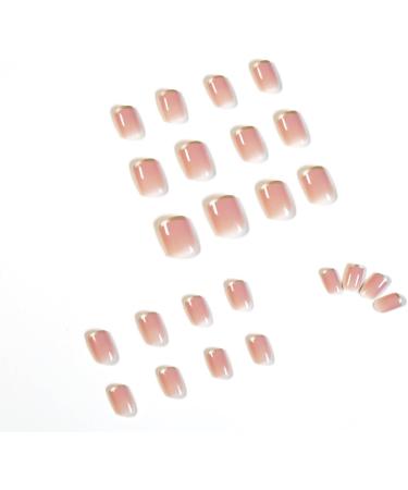 24pcs French False Nails Short Stick on Gold Tip Press on Nude Pink Glue-on Nails - Women Girls Nail Art Accessories - Buy Online on GoSupps.com