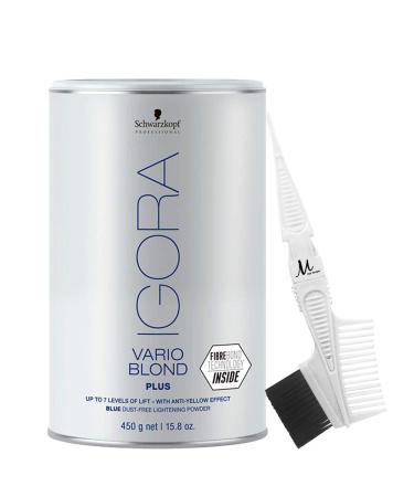 Igora Vario Blond Plus Lightening Powder Blue Dust-Free 450 grams and M Hair Designs Tint/Brush Comb White (Bundle 2 items)