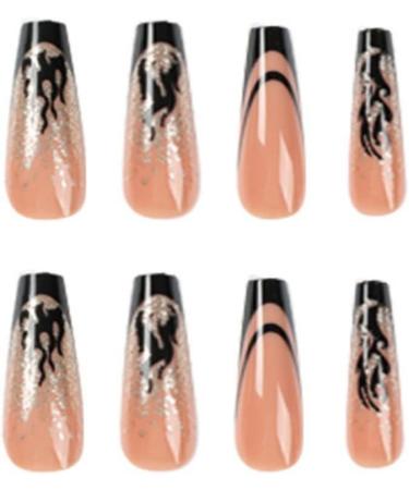Justotry 24 Pcs Flame Fake Nails: Long Black French Press on Nails - Glitter Ballerina Stick on Nails for Women - Acrylic Coffin False Nails Medium with Glue - Nail Art Flames & Black - Buy Online on GoSupps.com
