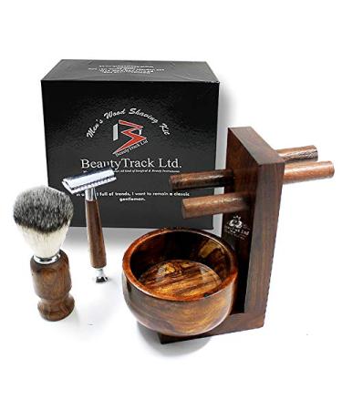 BeautyTrack Vintage Pure Wood Shaving Kit Gift for Men - Safety Razor - Shaving Beard Brush Best Badger Hair Shaver Wood Handle Shaving Soap Bowl - Razor Stand Kit - Great Gift Idea for Christmas