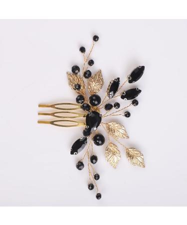 BERYUAN Gold Leaf Black Crystal Rhinestone Hair Comb Elegant Black Rhinestone Beads Headband Women Girls Wedding Headpiece Gold Bridal Headband for Wedding Women and Girls - Buy Online on GoSupps.com