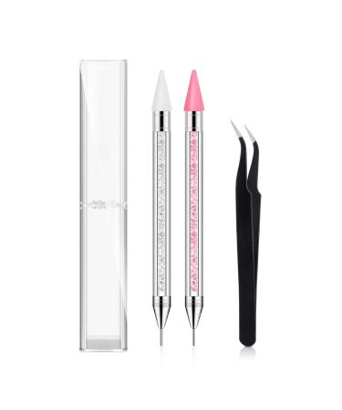 2 Pack Rhinestone Picker Dotting Pen Dual-Ended Diamond Painting Wax Pencil Gems Crystals Picker Pen Nail Art DIY Decoration Tool with 1PCS Tweezer Pink+White