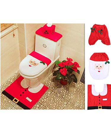 Christmas Toilet Seat Cover Decoration Toilet Case Bathroom Mat Elf New Year Decor Elk Snowman Santa Claus with Floor Mat Three-Piece Sets for Christmas Themed Party Decorate